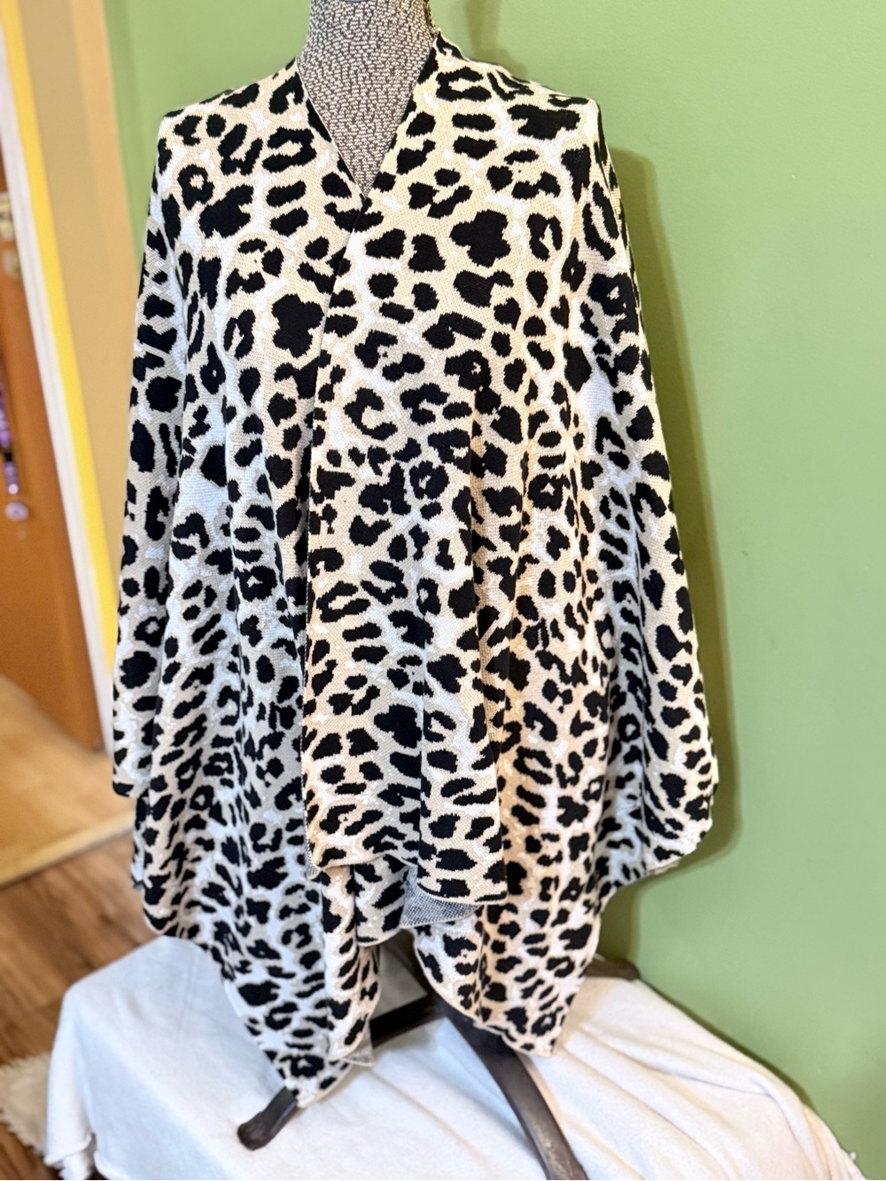 New York & Company Black and White Leopard-Print Open Front Poncho Sweater
